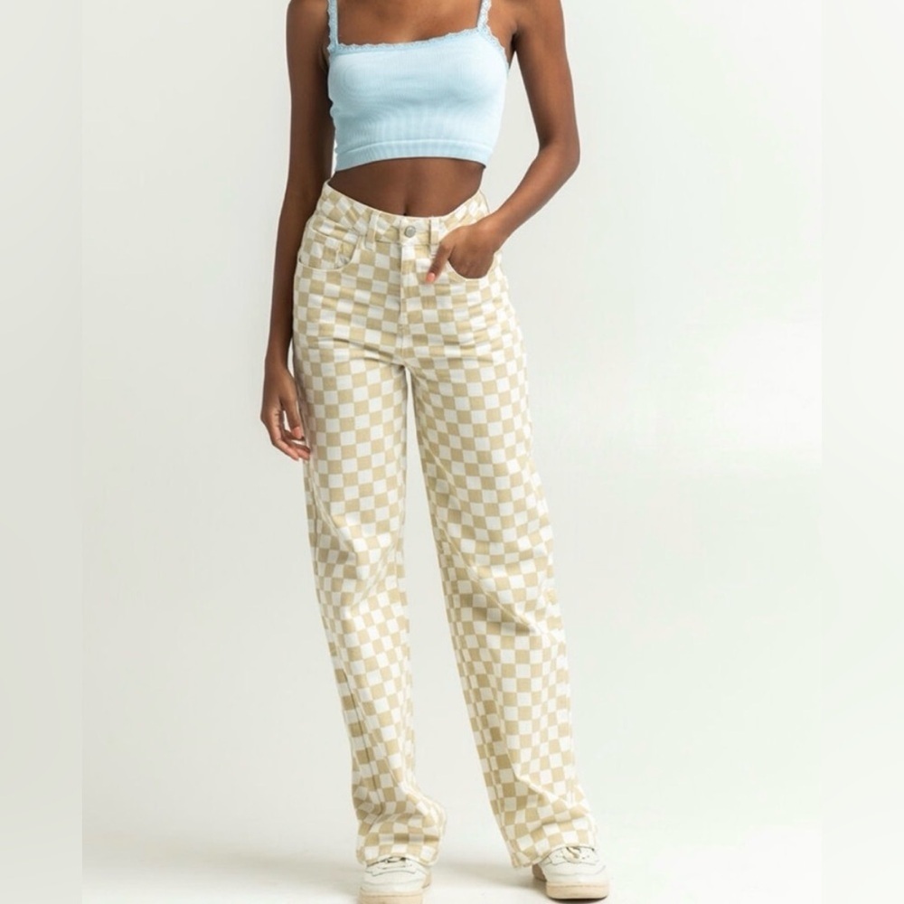 Princess Polly Checkered Cream and Tan Flare Jeans